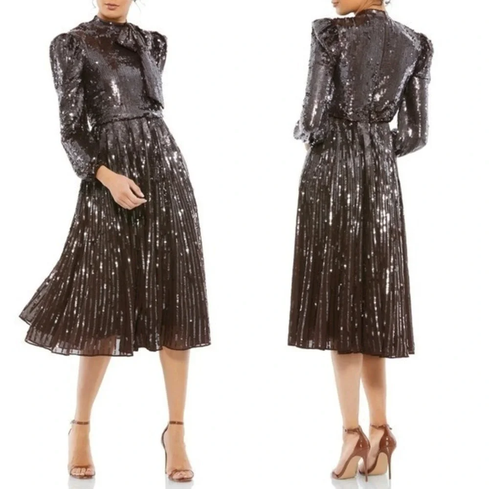 $598 Mac Duggal Size 18 Dark Brown Long Sleeve Sequin Midi Length Formal Dress - Picture 2 of 4